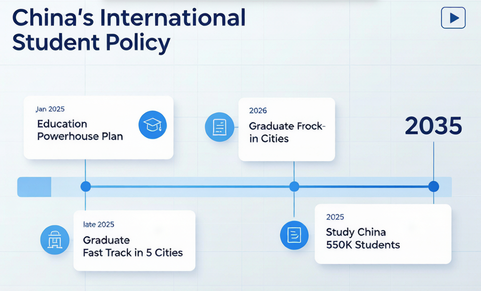 Timeline infographic: 2025 Education Powerhouse Plan, 2025 Graduate Fast Track, 2026 68K+ grads on work visas, 2035 continued expansion of Study in China brand
